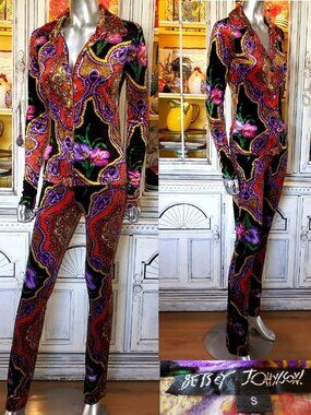 Vintage Betsey Johnson Floral Leopard Stretch Velvet Jeans Pants Dress Top Shirt